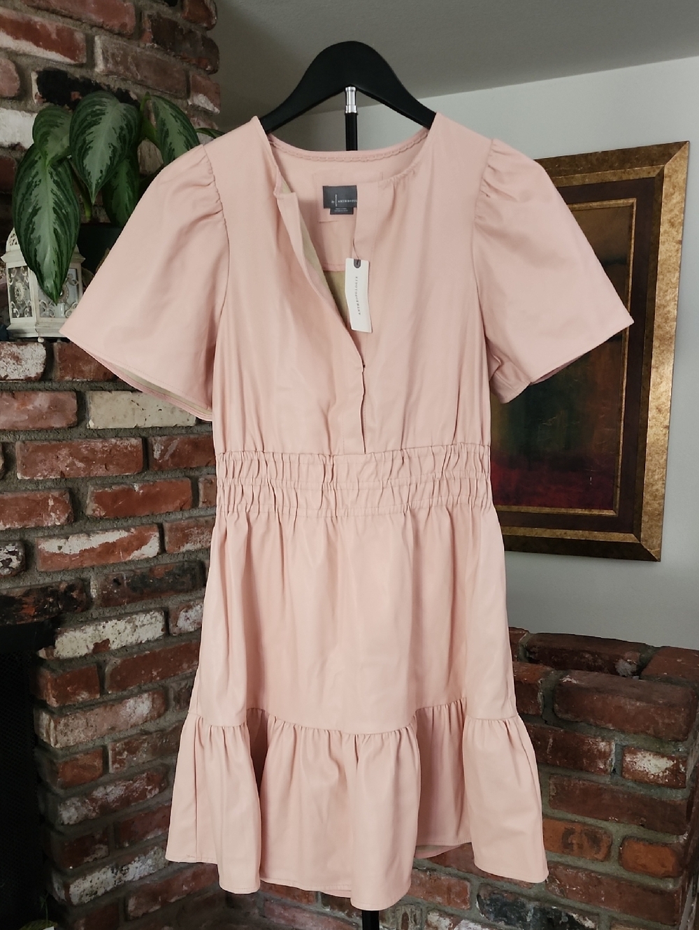 Anthropologie Somerset Vegan Leather Mini Dress Pink Rose Smocked Waist NWT - Picture 2 of 16